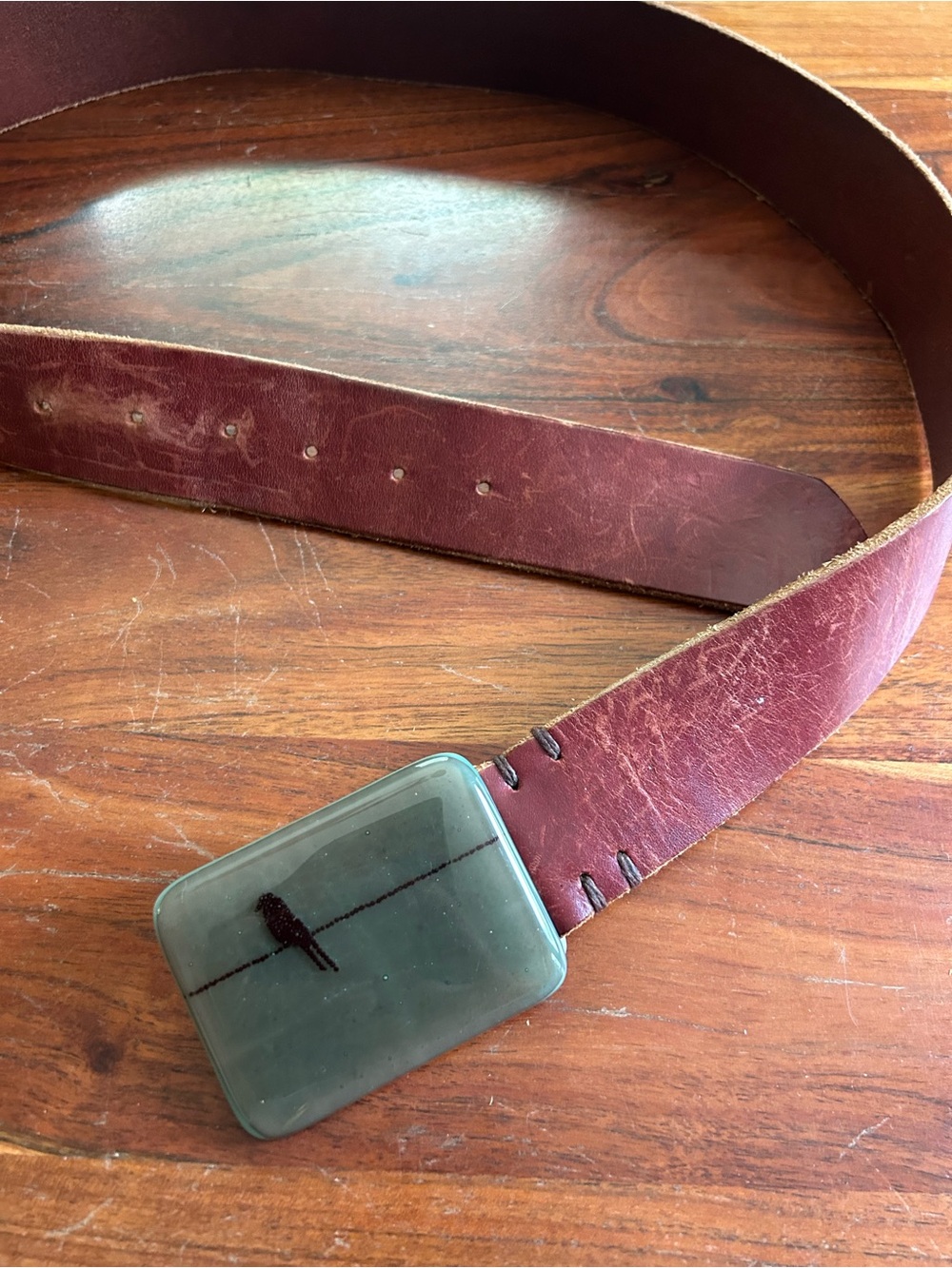 Handmade leather and glass bird belt buckle red leather boho